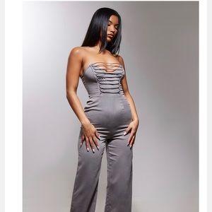 Charcoal Woven Bandeau Lace Up Corset Detail Jumpsuit